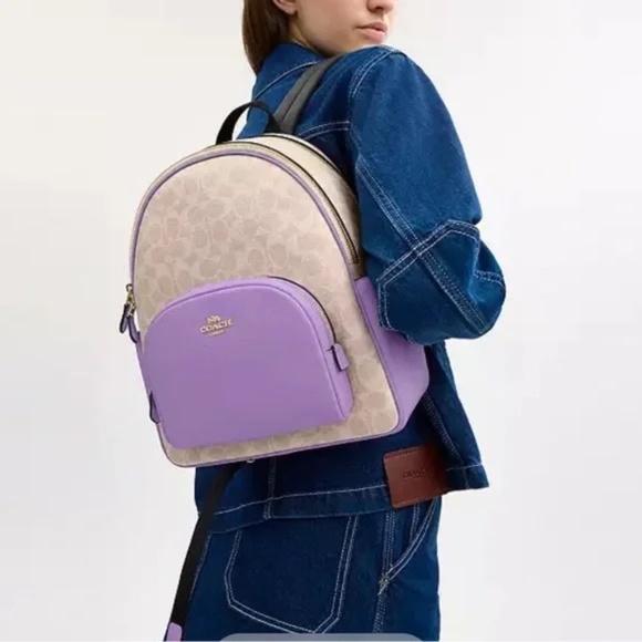 Coach Court Backpack In Signature Canvas Pebble Leather Sand/Iris - Picture 2 of 6